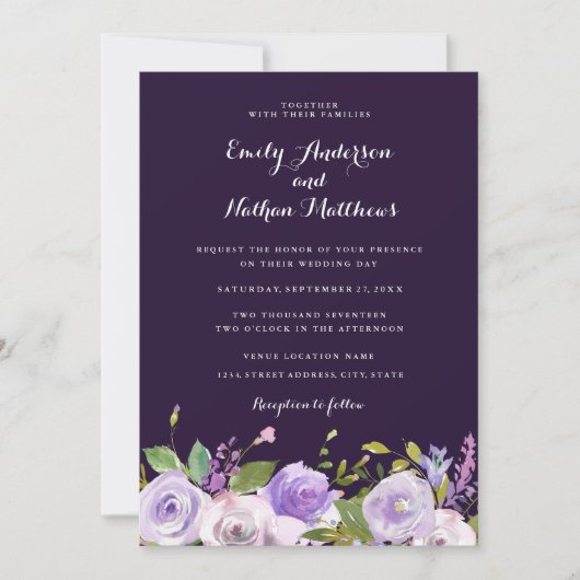 Faire invitation de mariage florale violette (Devant)