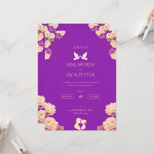 Faire invitation de mariage florale violette avec (Devant/Arrière en situation)