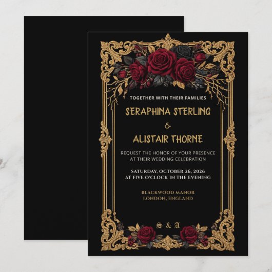 Faire invitation de mariage gothique noir rose or (Devant / Derrière)