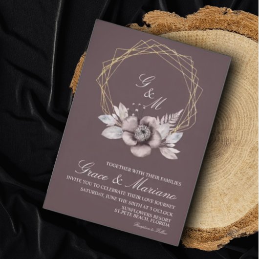 Faire invitation de mariage mauve à monogramme flo