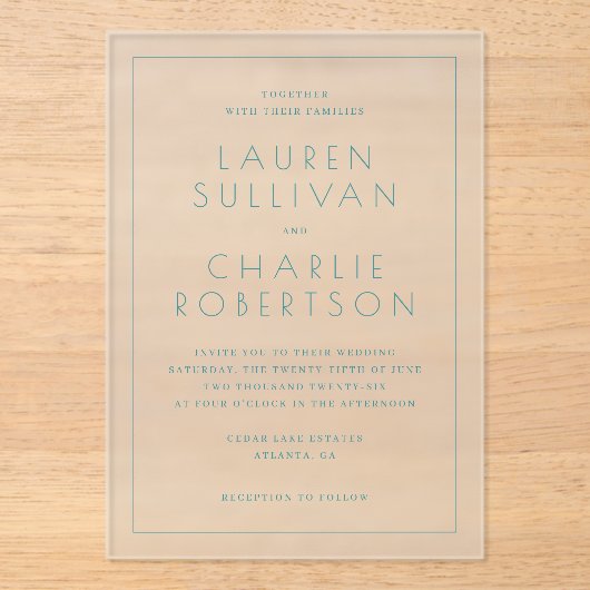 Faire invitation de mariage minimaliste sarcelle (Recto)