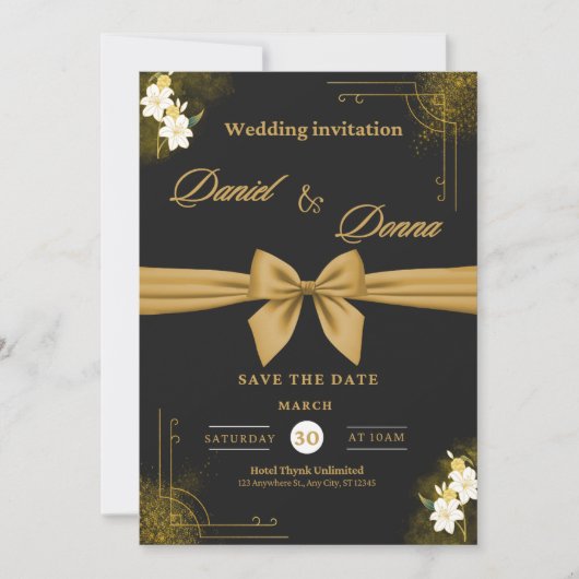 Faire invitation de mariage noir et or | (Devant)