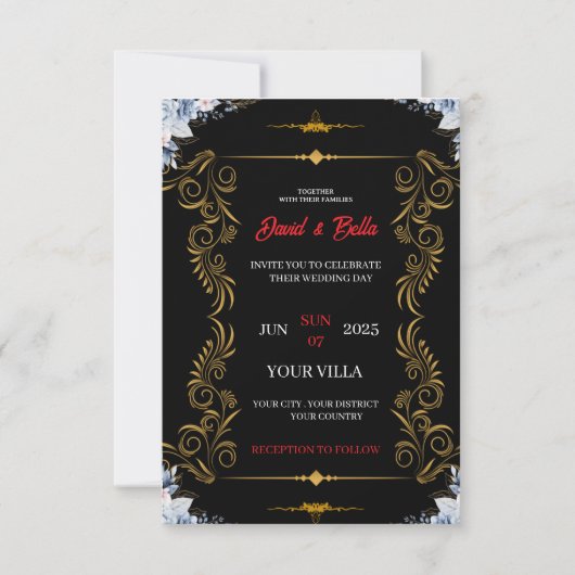 Faire invitation de mariage noir et or (Devant)