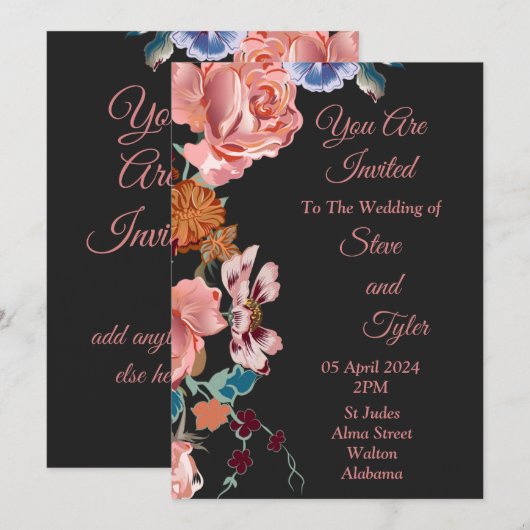 Faire invitation de mariage, noir, rose, bleu (Devant / Derrière)