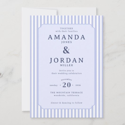 Faire invitation de mariage rayée bleue (Devant)