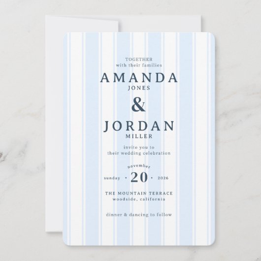 Faire invitation de mariage rayée bleue élégante (Devant)