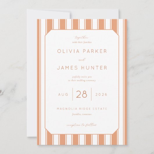 Faire invitation de mariage rayée pêche élégante (Devant)