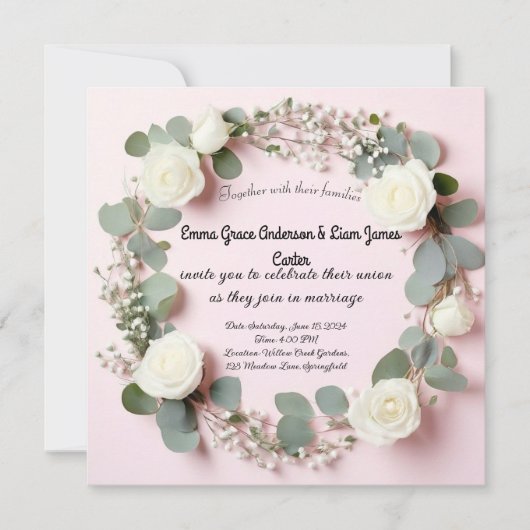 Faire invitation de mariage Rose Blanche & Eucalyp (Devant)