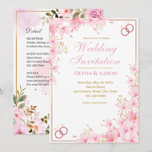 Faire invitation de mariage rose doré Fleur de cer (Devant / Derrière)