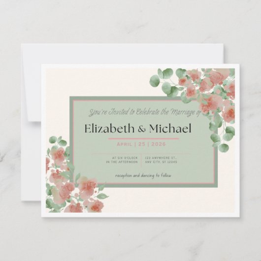 Faire invitation de mariage rose et vert (Devant)