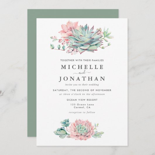Faire invitation de mariage rose et verte succulen (Devant / Derrière)