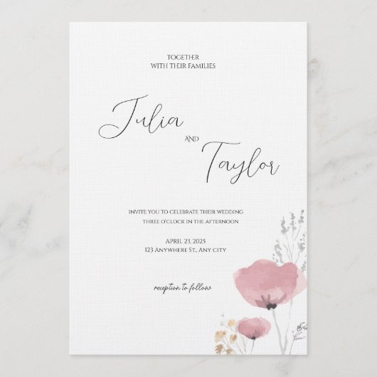 Faire invitation de mariage rose rose tendre (Devant)