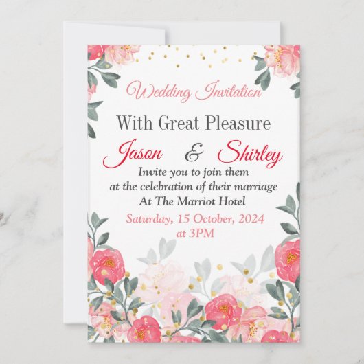 Faire invitation de mariage, roses rouges sur fond (Devant)