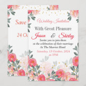Faire invitation de mariage, roses rouges sur fond (Devant / Derrière)