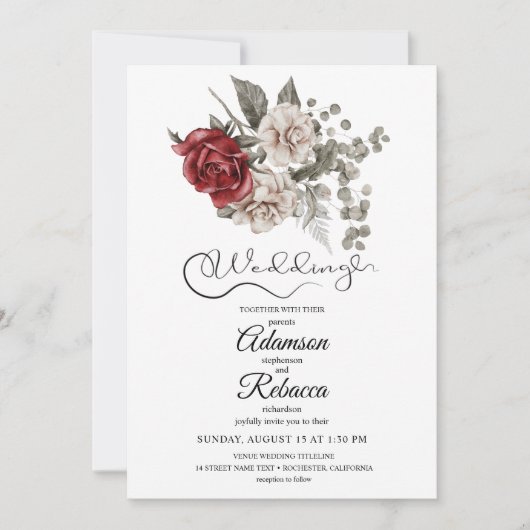 Faire invitation de mariage rustique floral burgun (Devant)