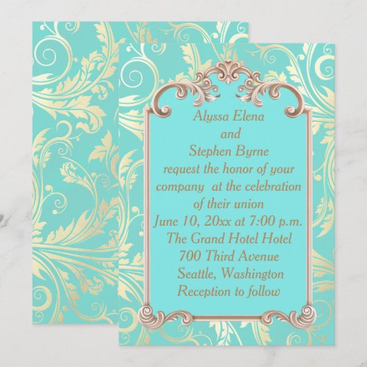 Faire invitation de mariage sarcelle et or (Devant / Derrière)