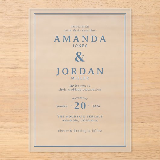 Faire invitation de mariage typographique bleu élé (Recto)