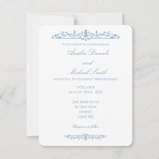 Faire invitation de mariage vintage bleu Régence (Devant)