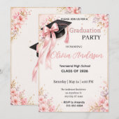 Faire invitation de remise de diplôme rose or flor (Devant / Derrière)