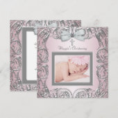 Faire invitations de baptême rose et gris (Devant / Derrière)