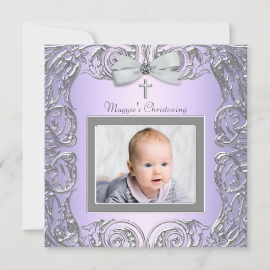 Faire invitations de baptême violet et gris (Devant)