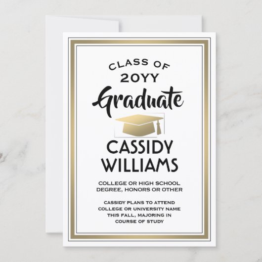 Faire-part 1 Photo Elégant Simple White Black Gold Graduation (Devant)