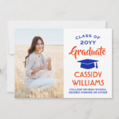 Faire-part 1 Photo Moderne Orange et Bleu Graduation (Devant)