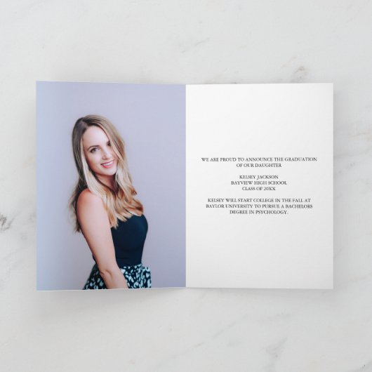 Faire-part 2025 Graduate Photo White Flourish Script plié (Intérieur)