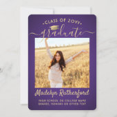Faire-part 2 Année de classe photo Purple & Gold Script Gradu (Devant)