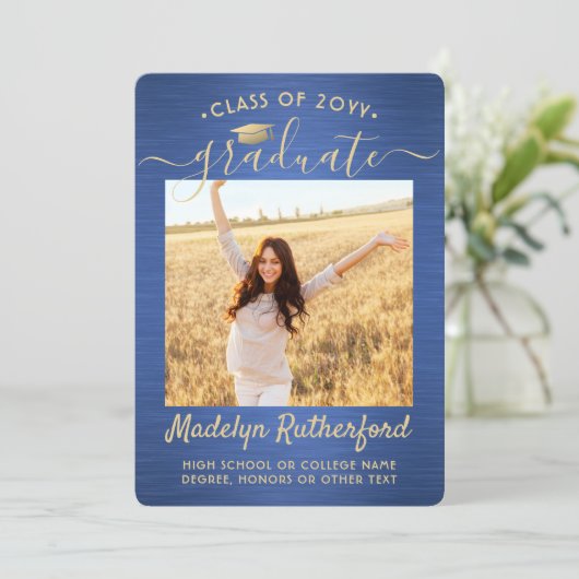 Faire-part 2 Photo Brossé Bleu Or Script Moderne Diplômé (Debout devant)