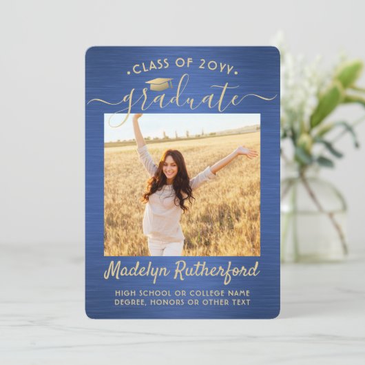 Faire-part 2 Photo Brossé Bleu Or Script Moderne Diplômé (Debout devant)