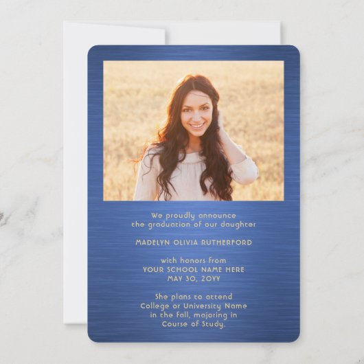 Faire-part 2 Photo Brossé Bleu Or Script Moderne Diplômé (Dos)