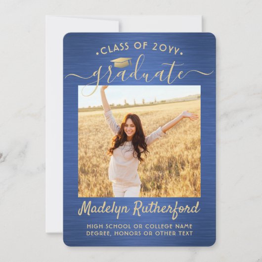 Faire-part 2 Photo Brossé Bleu Or Script Moderne Diplômé (Devant)