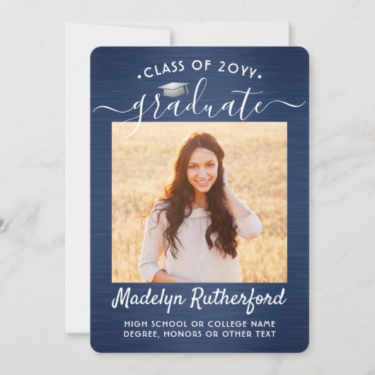 Faire-part 2 Photo Brossé Marine Bleu Blanc Script Graduation (Devant)