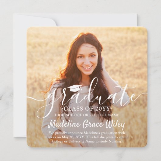 Faire-part 2 photo et blanc de script superposer Carré diplôm (Devant)