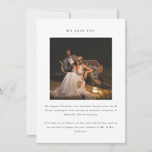 Faire-part 2-Photo Minimale 'Nous Avons Dit Oui ! ' Elopement (Devant)