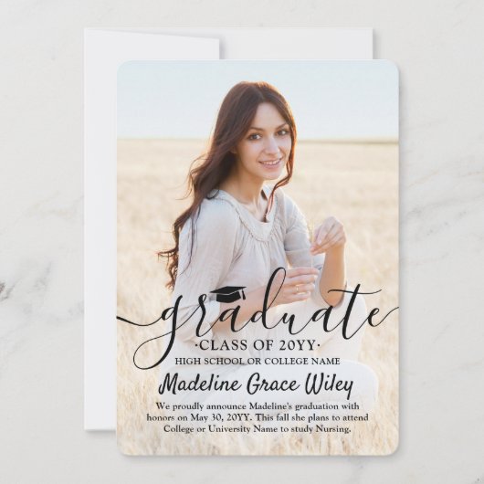 Faire-part 2 Photo simple superposition noir Script Graduatio (Devant)