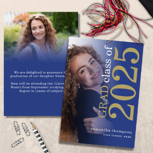 Faire-part 2 photos modernes Blue Gold 2025 Graduation