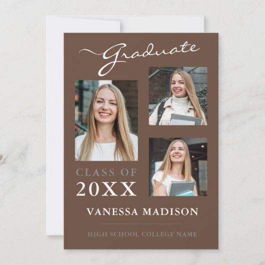 Faire-part 3 photo Script Earth Tones Graduation (Devant)