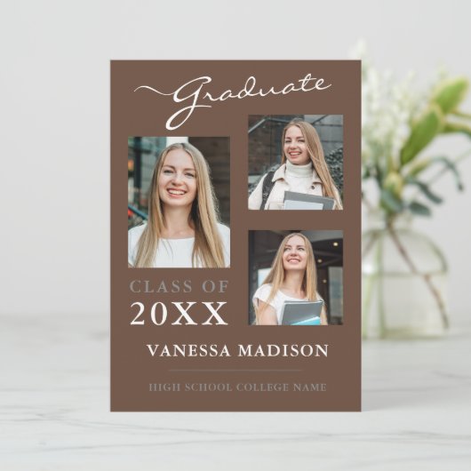 Faire-part 3 photo Script Earth Tones Graduation (Debout devant)