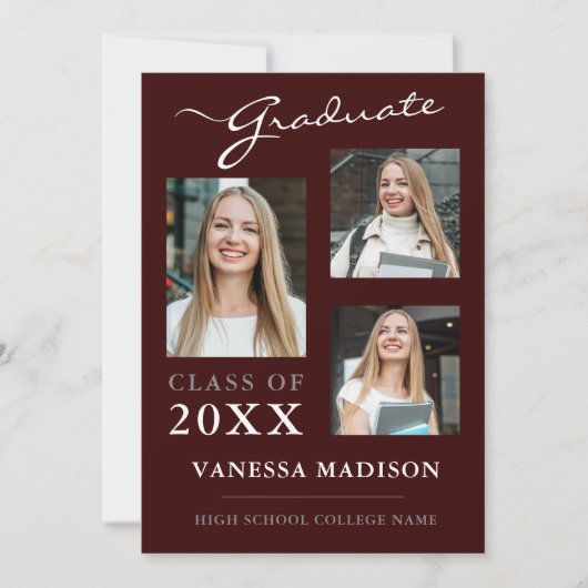 Faire-part 3 photo Script moderne Bourgogne Rose Graduation (Devant)