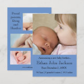 Faire-part 3x5 Soeur annonçant la naissance du frère Bleu (Devant / Derrière)