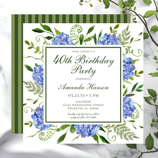 Faire-part 40 ans Hydrangeas Bleus Calligraphie