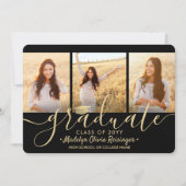 Faire-part 4 Collage de graduation photo Script noir et or (Devant)