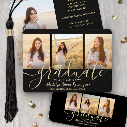Faire-part 4 Collage de graduation photo Script noir et or