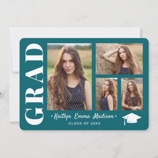 Faire-part 4 Collage photo Script moderne Turquoise Grad (Devant)