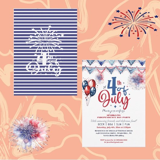 Faire-part 4 juillet Balloon Moderne Calligraphie Party Invit