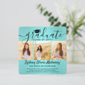 Faire-part 4 Photo Brossé Turquoise Bleu Noir Moderne Graduat (Debout devant)