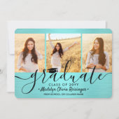 Faire-part 4 Photo Brossé Turquoise Bleu Noir Simple Graduati (Devant)