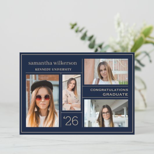 Faire-part 4 Photo Collage Bleu & Or Congrats Graduate (Debout devant)